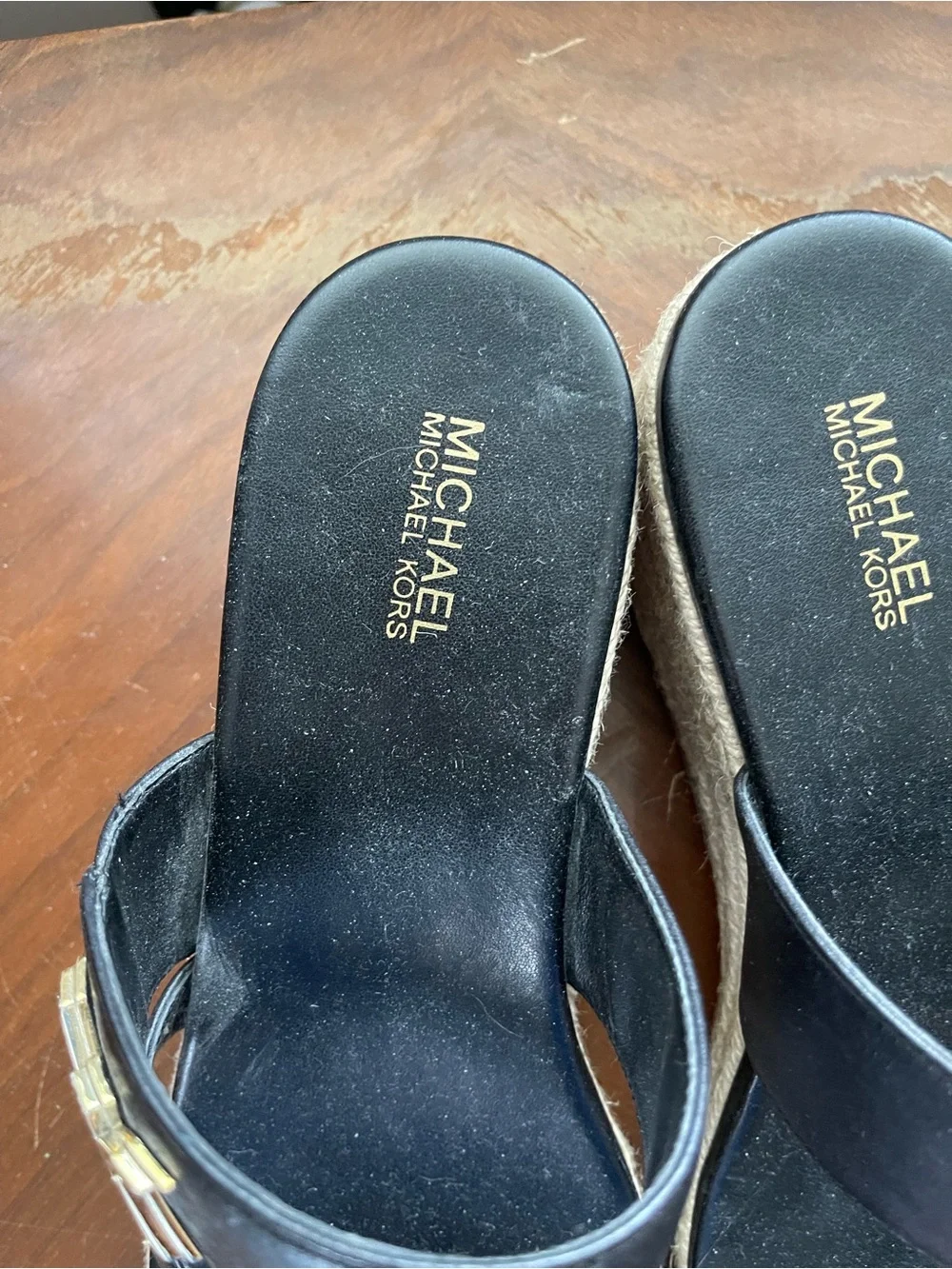 Michael Kors Black Leather Espadrille Wedge Sandals with Gold MK Accent